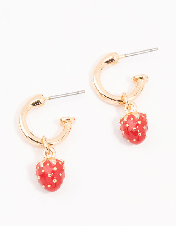 Gold Enamel Strawberry Huggie Earrings