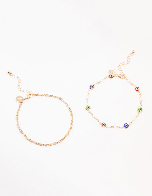 Gold  Pearl & Evil Eye Anklets 2-Pack