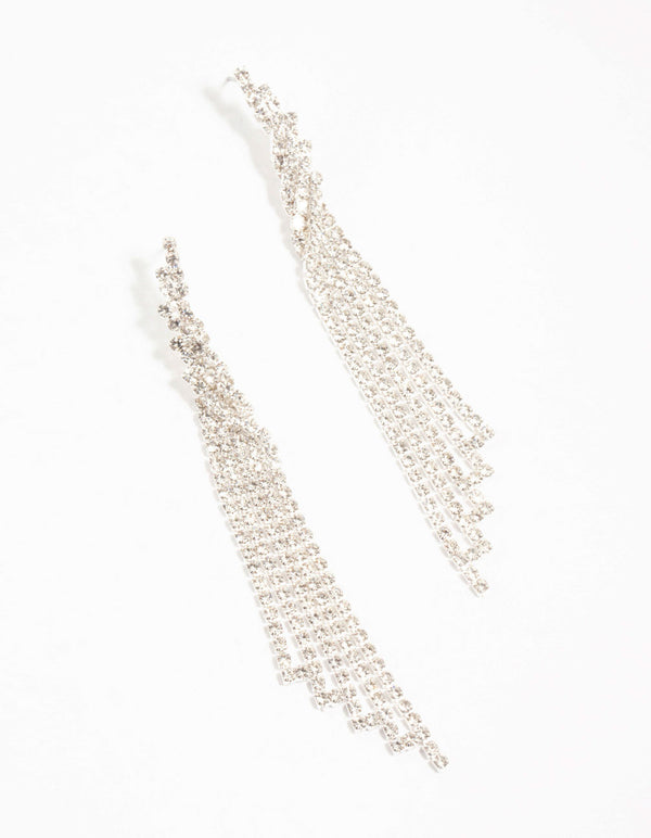 Twisted Diamante Cup Chain Drop Silver Earrings