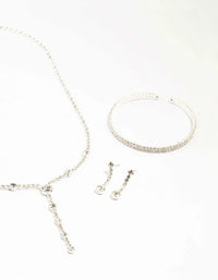 Silver Diamante Station Necklace & Earrings & Bracelet Set - link has visual effect only