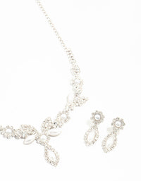 Rhodium Vine Diamante Pearl Necklace & Earrings Set - link has visual effect only