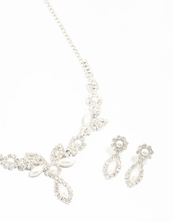 Rhodium Vine Diamante Pearl Necklace & Earrings Set