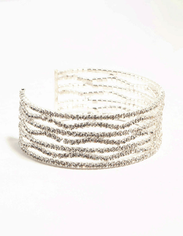 Silver Straight & Wave Diamante Wrist Cuff