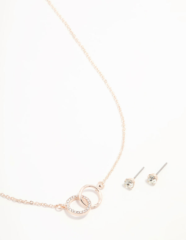 Rose Gold Linked Circle Necklaces & Stud Earrings Set