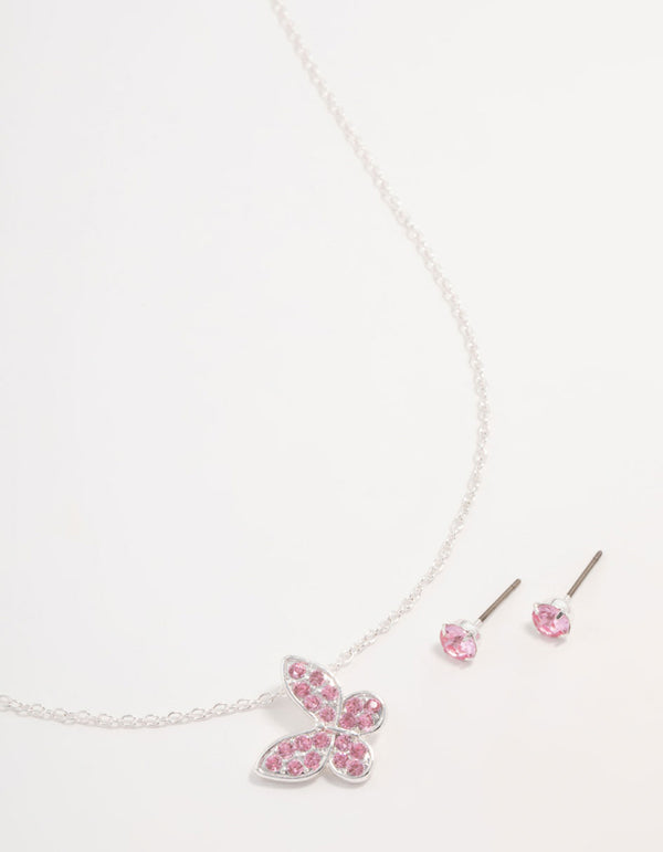 Pink Diamante Butterfly Necklace & Stud Earrings Silver Set