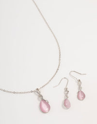 Rhodium Cat Eye Twisted Necklaces & Stud Earrings Set - link has visual effect only