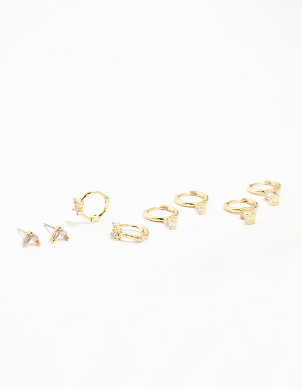 Gold Plated Brass  Brass Cubic Zirconia Hoop Earrings 4-Pack