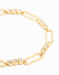 Gold Plated Brass Alternating Trio Cubic Zirconia Rectangle Link Bracelet - link has visual effect only