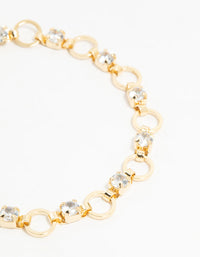 Gold Plated Brass Alternating Cubic Zirconia Round Link Bracelet - link has visual effect only