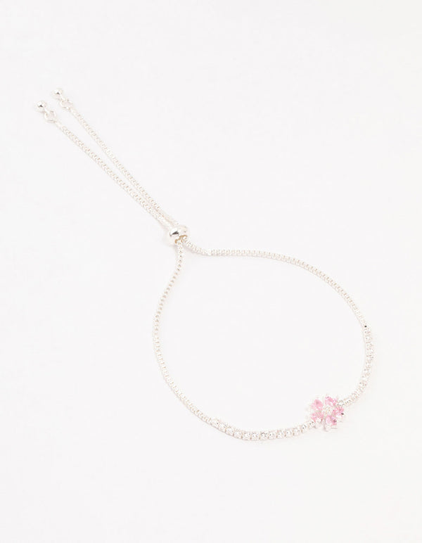 Silver Pink Cubic Zirconia Flower Tennis Bracelet