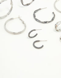 Mixed Shade Silver Twisted & Sleek Hoop Earrings 6-Pack - link has visual effect only