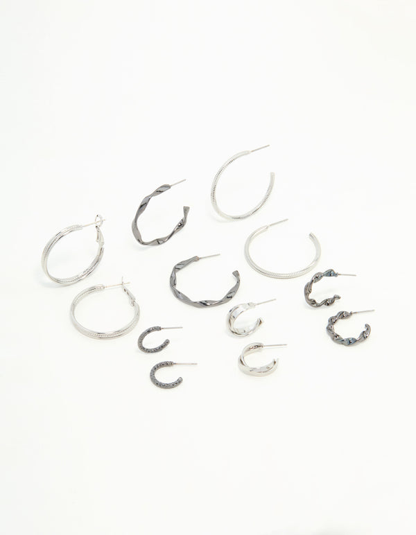 Mixed Shade Silver Twisted & Sleek Hoop Earrings 6-Pack