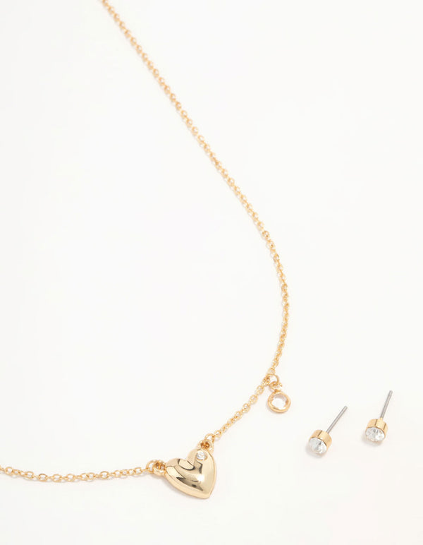 Gold Heart Diamante Detail Necklace & Stud Earrings Set