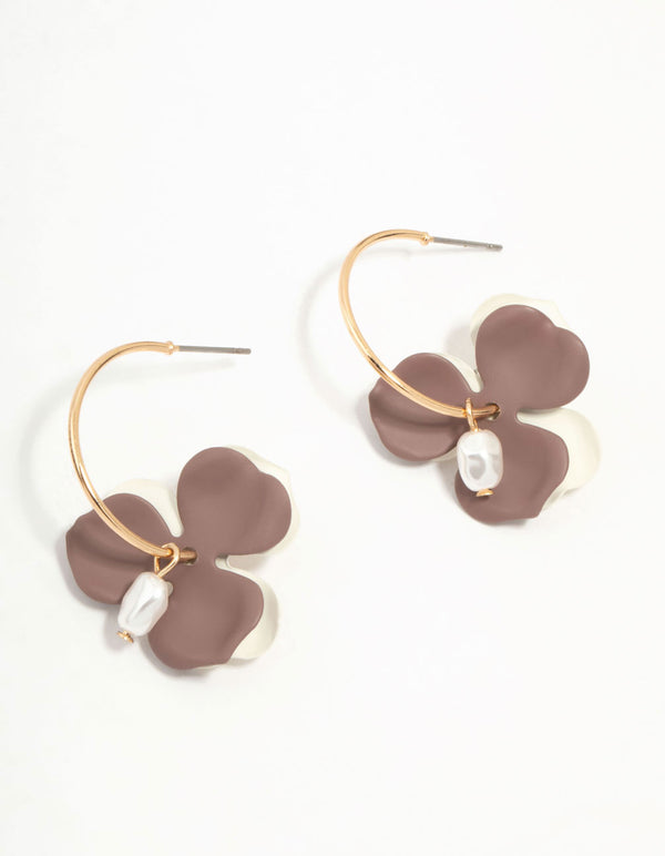 Brown Pearlised Flower & Pearl Hoop Earrings