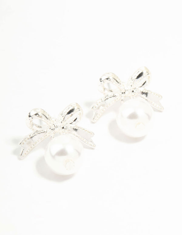 Silver Bow & Pearl Small Drop Earrings