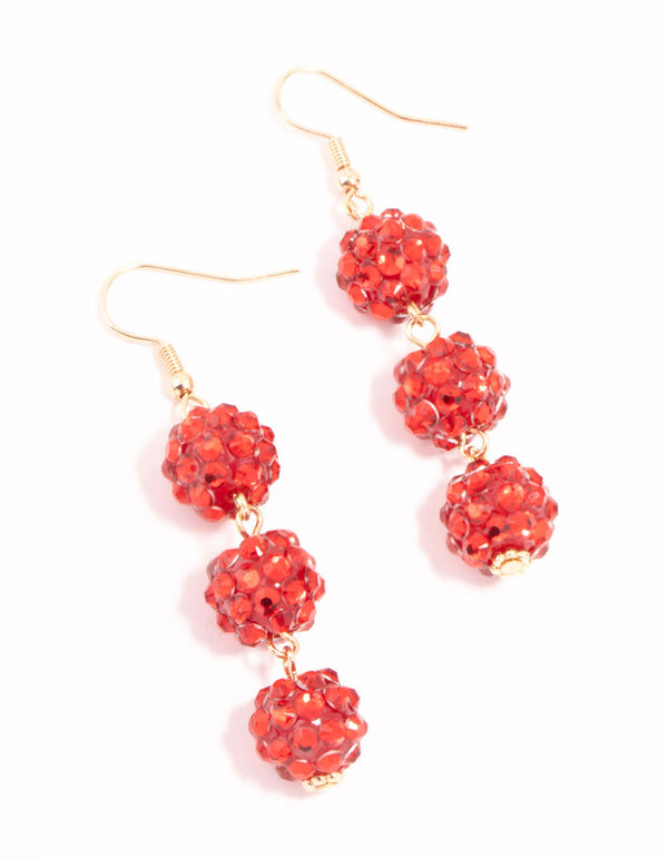 Red Diamante Shambala Ball Gold Drop Earrings