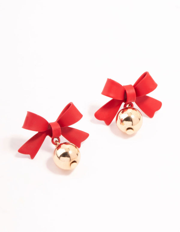 Gold Bauble & Red Bow Drop Earrings