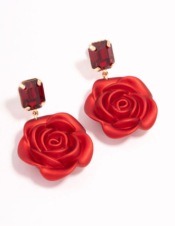 Red Diamante & Rose Acrylic Drop Earrings