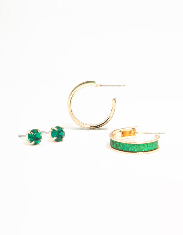 Green Glitter Hoops & Green Diamante Stud Earrings 2-Pack