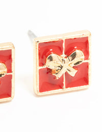 Red Enamel Present Gold Stud Earrings - link has visual effect only