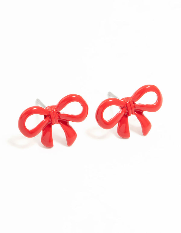 Red Coated Metal Ribbon Bow Stud Earrings