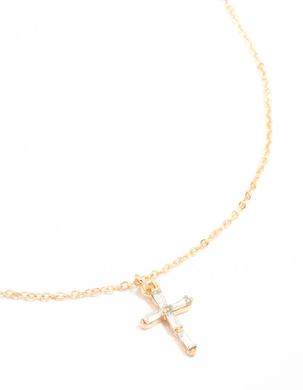 Gold Baguette Cut Diamante Cross Necklace