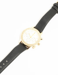 Black PU Leather & Diamante Mechanical Watch - link has visual effect only