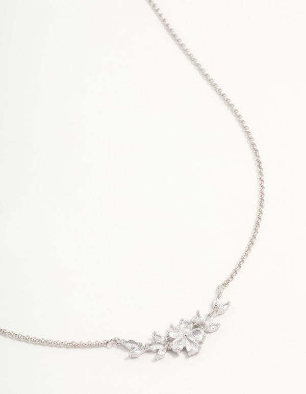 Rhodium Cubic Zirconia Flower & Vine Necklace