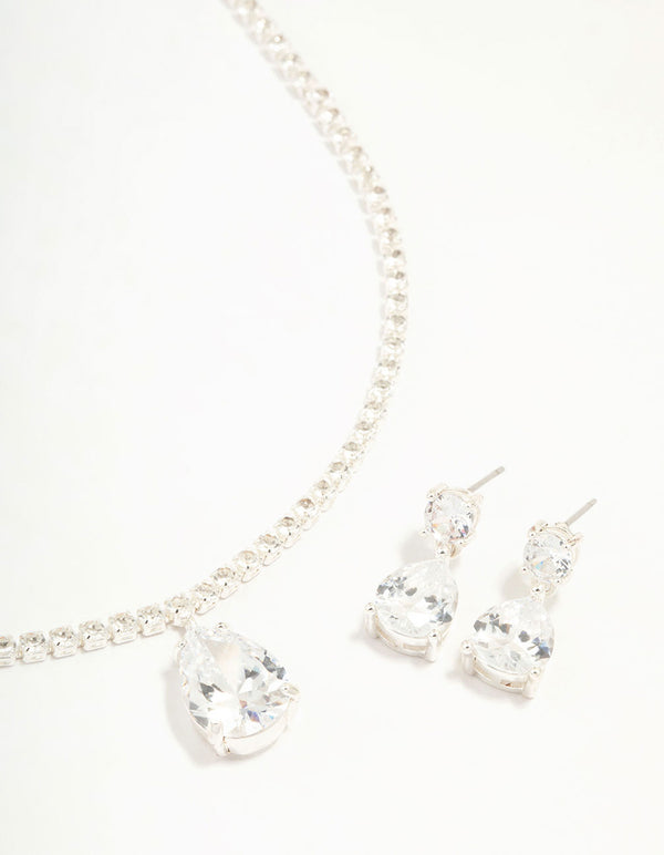 Rhodium Cubic Zirconia Tennis Necklace & Earring Set