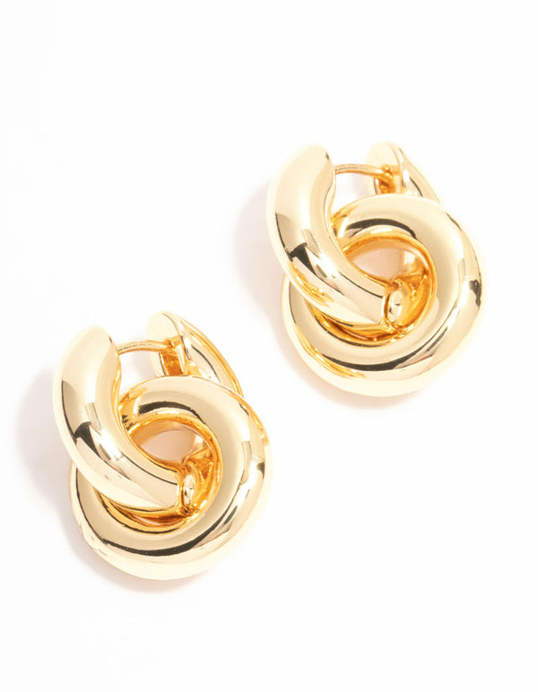 Gold Plated Double Ring Huggie Drop Earrings