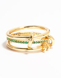 Gold Plated Connected Links & Green Diamante Ring - link has visual effect only