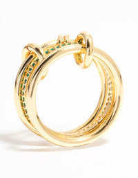 Gold Plated Connected Links & Green Diamante Ring - link has visual effect only