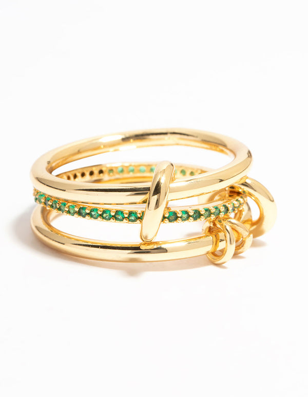 Gold Plated Connected Links & Green Diamante Ring