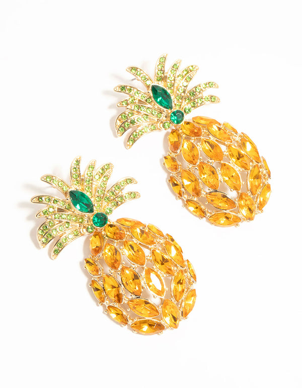 Gold Diamante Pineapple Drop Earrings