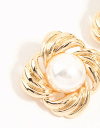 Gold Ribbed & Pearl Vintage Stud Earrings - link has visual effect only