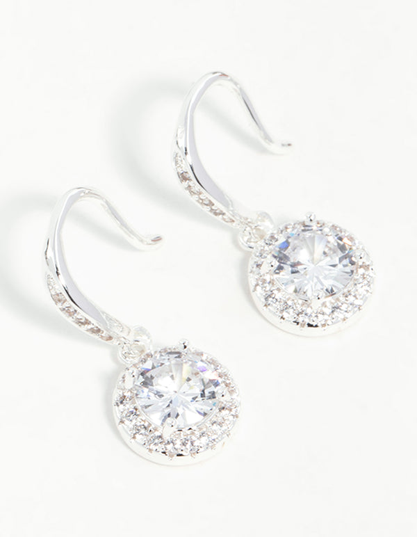 Silver Plated Round Halo Cubic Zirconia Drop Earrings