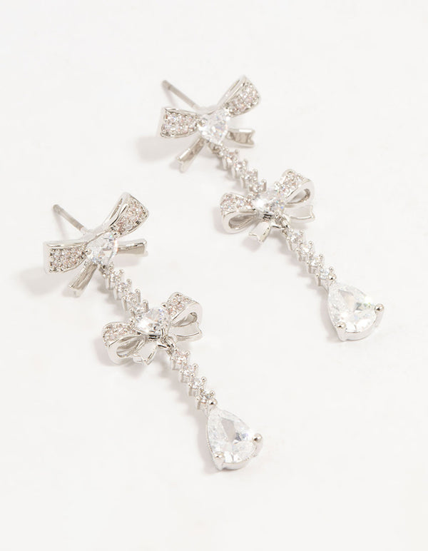 Rhodium Plated Cubic Zirconia Bow Drop Earrings