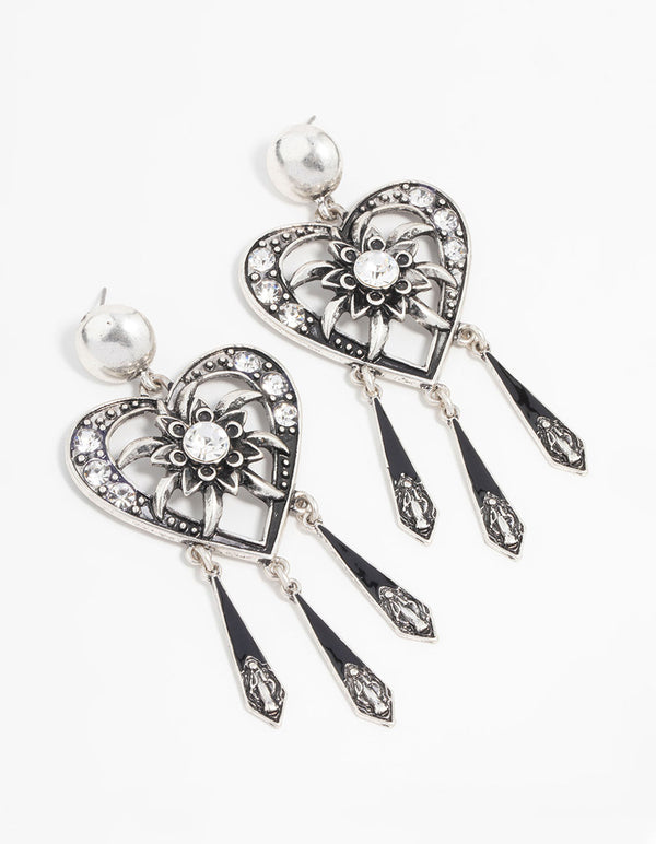 Antique Silver Heart Drop Earrings