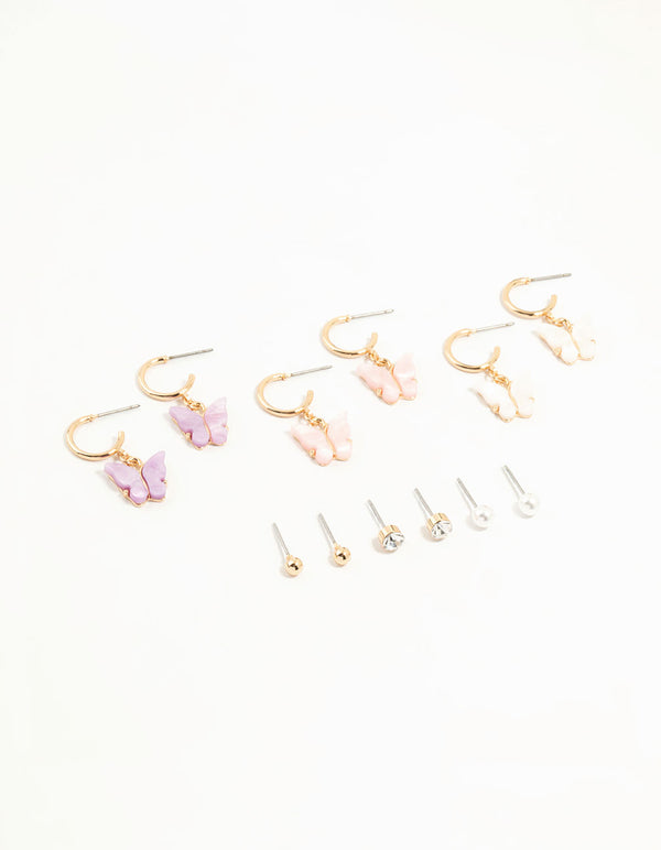 Rose Gold Butterfly & Classic Stud Earrings 6-Pack