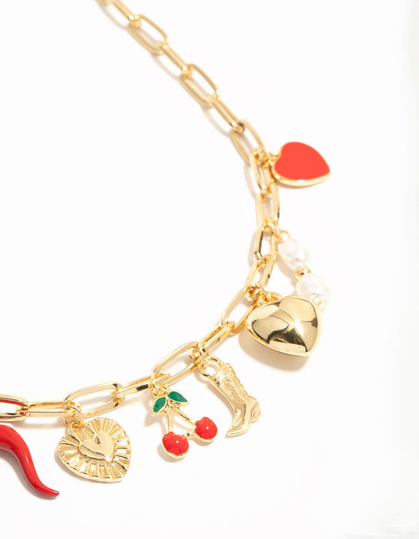 Gold Plated Chili & Cherry Charm Necklace