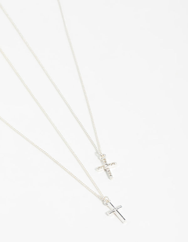 Silver Plain & Diamante Cross Pendant Necklaces 2-Pack