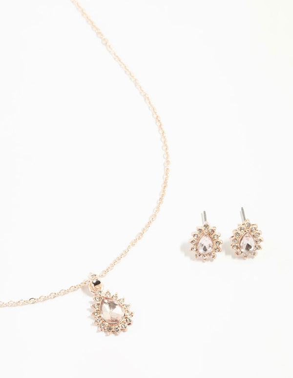 Rose Gold Diamante Teardrop Necklace & Earrings Set