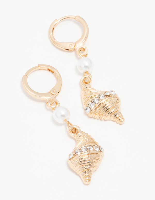 Gold Pearl & Shell Huggie Drop Earrings