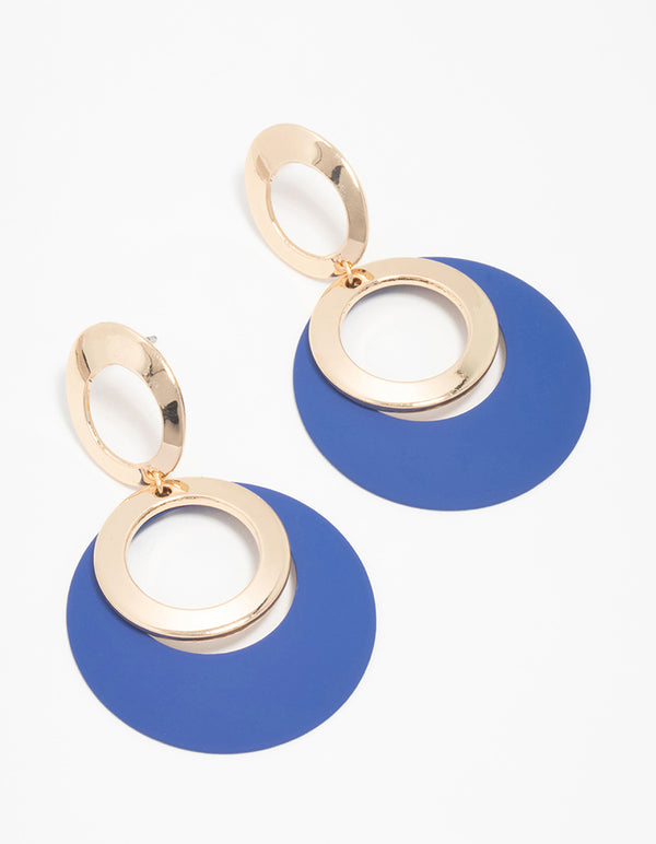 Gold Blue Circular Drop Earrings