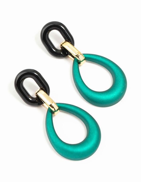 Gold Blue Teardrop Oval Link Drop Earrings