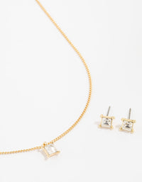 Gold Plated Diamante Square Necklace & Earrings Set - link has visual effect only