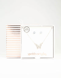 Silver Cubic Zirconia Butterfly Necklace & Stud Earrings Necklace & Stud Earrings Set - link has visual effect only