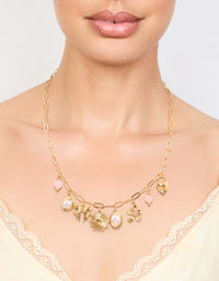 Gold Plated Pink Bead & Pearl Charm Necklace - link has visual effect only