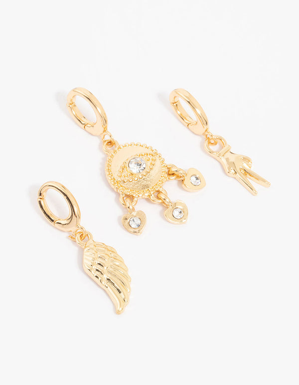 Gold Plated Diamante Eye & Angel Wing Charms 3-Pack