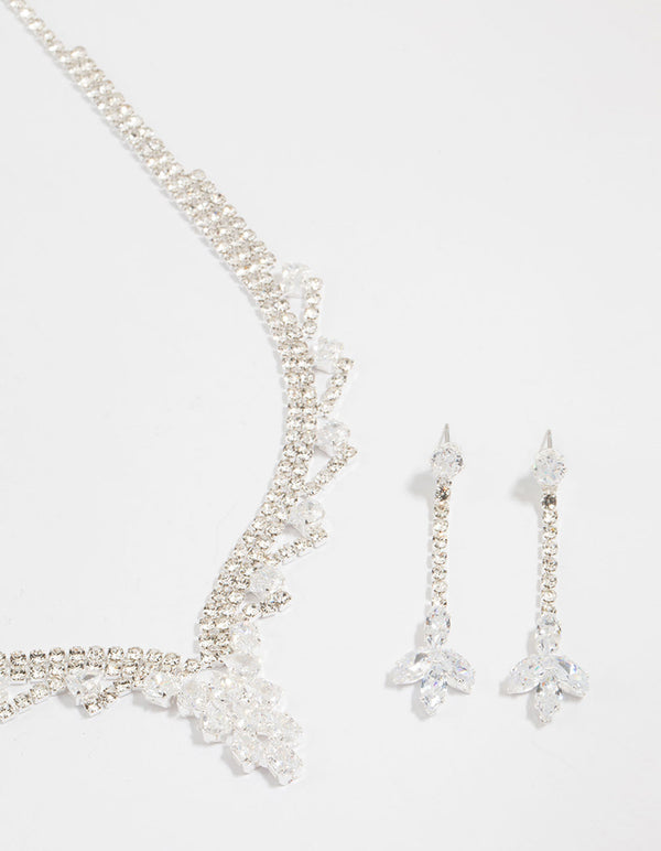 Silver Cubic Zirconia Geometric Pear V-Necklace & Earrings Set